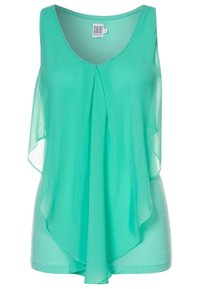 Top senza maniche verde menta con scollatura a V, design a strati e sovrapposizione fluida. Realizzato in tessuto leggero e semitrasparente.