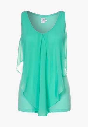 Débardeur vert menthe sans manches avec un col en V, design superposé et une couche fluide. Fabriqué en tissu léger et semi-transparent.