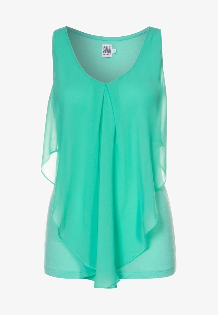Top senza maniche verde menta con scollatura a V, design a strati e sovrapposizione fluida. Realizzato in tessuto leggero e semitrasparente.