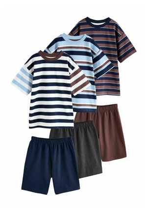Three sets of short-sleeve striped t-shirts in blue, white, and brown paired with elastic waist shorts in navy, gray, and brown.