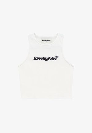 Hvit avkortet tanktop laget av ribbet stoff med en svart brodert logo "lowlights" over brystet. Rund halslinning, ermeløs design.