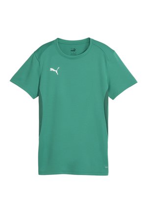 Grünes kurzärmliges Sportshirt aus feuchtigkeitsableitendem Material. Merkmale sind ein runder Halsausschnitt und ein weißes Logo auf der Brust.