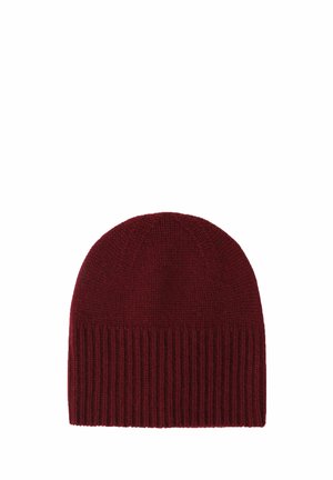Bonnet tricoté rouge foncé avec un motif côtelé sur le bord inférieur, texture tricotée lisse sur la partie supérieure, sans logos ni décorations visibles.