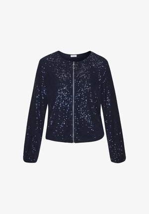 Navy zip-up jacket with long sleeves, textured fabric, and scattered blue sequins for embellishment. Round neckline with a silver ring pull.