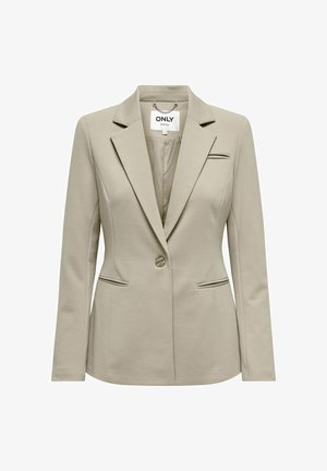 Beige blazer with a structured collar, single button closure, and two front pockets. Smooth fabric with subtle texture and contrasting trim.