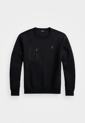 Sweat-shirt noir à manches longues avec col rond, poche poitrine zippée et petit logo Polo Ralph Lauren brodé sur la poitrine gauche.