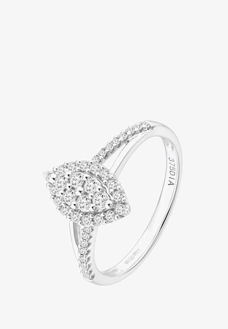 Prstan iz belega zlata s skupkom diamantov v obliki lista, z nežno obrobo, okrašeno z manjšimi diamanti ob straneh.
