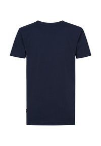 Camiseta de algodón azul marino con mangas cortas, cuello redondo y una pequeña etiqueta de logo en el lado izquierdo cerca del dobladillo.