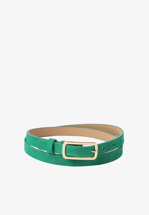 Green suede belt with a smooth texture, featuring a rectangular gold buckle and multiple holes for adjustable sizing.