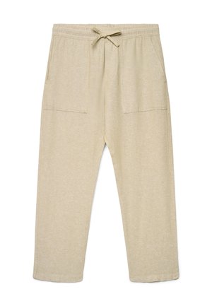 Beige Jogginghose mit Kordelzug, elastischem Bund, aufgesetzten Fronttaschen und geraden Beinen, entworfen für den Freizeitgebrauch.