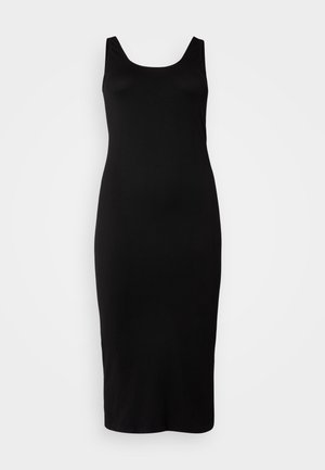 Fekete, ujjatlan ruha, kerek nyakkivágással, testhez tapadó szabással, térdhoszú, sima anyagból készült, látható minták vagy díszítések nélkül.