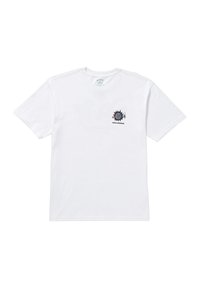 T-shirt en coton blanc avec un col rond et des manches courtes, présentant un imprimé graphique coloré sur la zone du côté gauche de la poitrine.