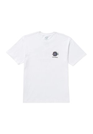 Witte katoenen t-shirt met een ronde hals en korte mouwen, voorzien van een kleurrijke grafische print op de linkerkant van de borst.
