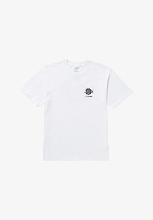 White cotton t-shirt featuring a round neckline and short sleeves, with a colorful graphic print on the left chest area.