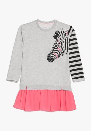 Gray long-sleeve dress with pink ruffled hem, black and gray geometric zebra head on front, and one black and gray striped sleeve.