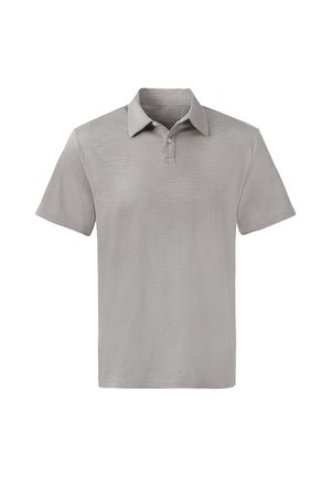 Polo shirt gris à manches courtes en matériau doux, doté d'un col classique, d'une patte de boutonnage à trois boutons et d'une coupe décontractée.