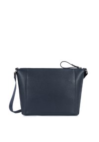 Sac à main en cuir bleu marine avec une surface texturée, de forme rectangulaire et une bandoulière amovible. Doté d'une fermeture éclair supérieure et d'accents latéraux.