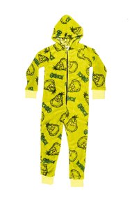 Tuta intera gialla per bambini con cappuccio, decorata con volti del Grinch e motivo di testo verde "Grinch", chiusura con zip frontale e polsini a costine su polsi e caviglie.