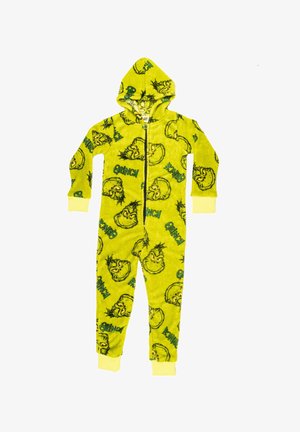 Tuta intera gialla per bambini con cappuccio, decorata con volti del Grinch e motivo di testo verde "Grinch", chiusura con zip frontale e polsini a costine su polsi e caviglie.