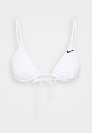Top de bikini alb în formă de triunghi cu bretele ajustabile și închidere cu legătură. Prezintă un logo Nike negru pe partea dreaptă. Textură de țesătură netedă.