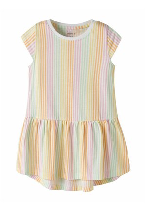 Vestido de manga corta para bebé con rayas verticales en tonos pastel rosa, amarillo, verde y naranja, con un dobladillo peplum fruncido.