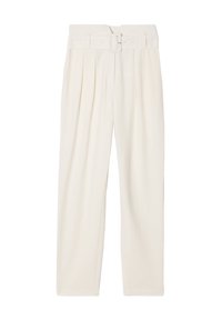 Pantalons couleur crème à jambe large, design plissé et ceinture assortie avec une boucle rectangulaire. Texture en tissu lisse.