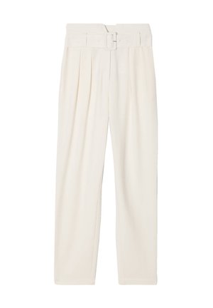 Crème kleurige broek met een wijdere pijp, geplooid ontwerp en een bijpassende riem met een rechthoekige gesp. Gladde stoftextuur.