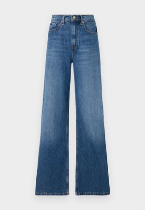 Jeans largi de culoare albastră din denim, cu talie înaltă, design cu cinci buzunare, închidere cu nasture și detalii de cusătură tradițională.