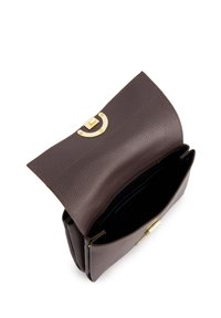 Brown leather handbag with a textured finish, featuring a gold-tone hardware closure and open interior with two compartments.
