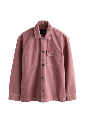Long-sleeve dusty pink denim jacket with a classic collar, button front, one buttoned chest pocket, and visible stitching details.