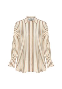 Striped blouse in cream and brown, featuring a collared neckline, long sleeves with bell cuffs, and lightweight, textured fabric.