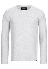Long-sleeve grey sweater with a textured knit pattern and a rounded neckline. Features a small logo tag at the hem.