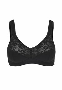 Schwarzer Soft-Cup-BH mit breiten Trägern, floraler Spitze auf den Cups und einer kleinen Schleife in der Mitte.