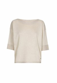 Beige cropped trui met een brede bootnek, korte mouwen en een textiele stof. Beschikt over een klein logo-detail aan de zoom.