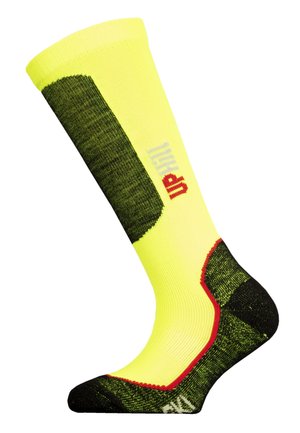 Knee-length sock in bright yellow with green accents, textured fabric, red trim at the ankle, and "UP" printed in gray on the side.