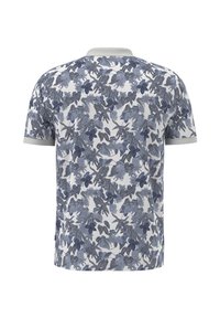 Korta ärmar polotröja med vit bas och blå blommönster, med en grå krage och muddar. Tillverkad av mjukt, ventilerande tyg.