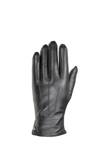 Svart läderhandske med fem fingrar, med vertikala sömmar på baksidan, slät yta och en manschett med en liten accentknapp.