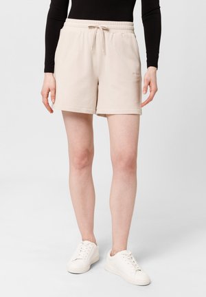 Pantaloni corti in cotone beige con vita elasticizzata e cordoncino. Presentano tasche laterali e una vestibilità comoda, che termina sopra il ginocchio.