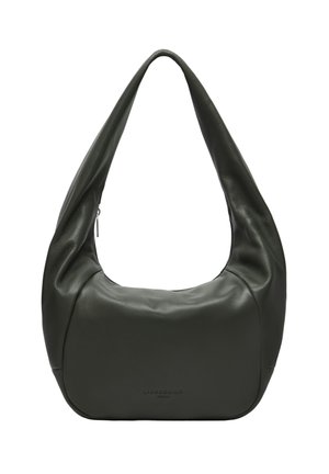 Weiche schwarze Leder-Umhängetasche mit einem einzelnen, breiten Riemen und einem dezenten, geprägten Markenlogo in der Mitte vorne.