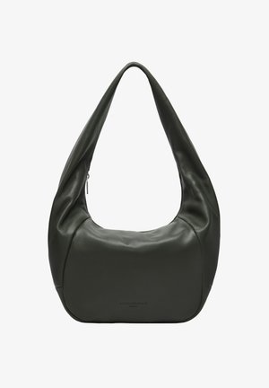 Weiche schwarze Leder-Umhängetasche mit einem einzelnen, breiten Riemen und einem dezenten, geprägten Markenlogo in der Mitte vorne.