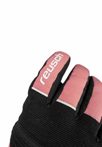 Reusch gloves featuring a black and pink color scheme, with textured black fabric, padded fingers, and a logo on the pink wrist area.