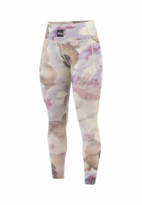 High-waisted leggings featuring a watercolor pattern in light shades of purple, beige, and brown. Made from stretchy, breathable material.