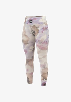 Leggings taille haute avec un motif aquarelle dans des teintes claires de violet, beige et marron. Fabriqués en matériau extensible et respirant.