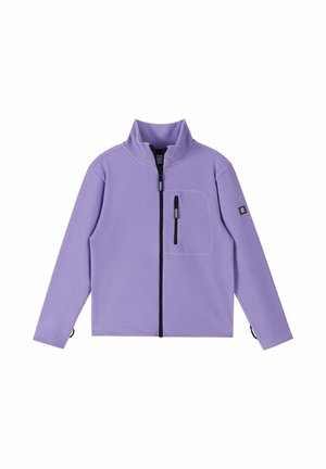 Giacca viola chiaro con zip, collo alto, zip nero, zip verticale sulla tasca del petto e patch con logo sulla manica sinistra.