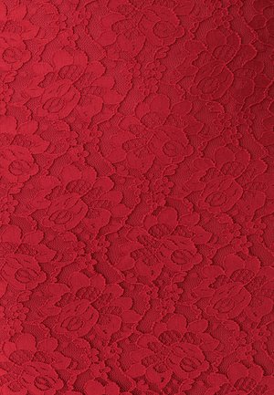 Roter Spitzenstoff mit floralen Mustern und komplexen Details. Die Textur ist durchsichtig mit geschichteten, erhöhten Designs überall.