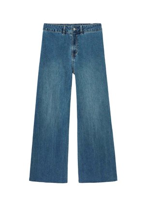 Jean bleu taille haute à jambes larges avec fermeture à boutons et zip sur le devant, passants pour ceinture, et effet délavé sur les cuisses.