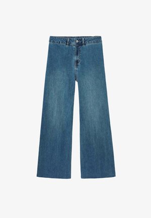 Jean bleu taille haute à jambes larges avec fermeture à boutons et zip sur le devant, passants pour ceinture, et effet délavé sur les cuisses.