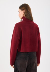 Kürzer roter Wollpullover mit hohem geripptem Kragen und weiten Ärmeln, kombiniert mit schwarzen Hosen, die große Taschen und eine strukturierte Oberfläche haben.