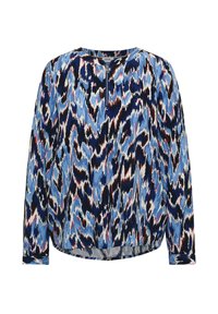 Blouse à manches longues avec un motif abstrait bleu, noir, blanc et rose, et une courte fermeture éclair à l'avant au niveau de l'encolure.