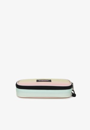 Hard-shell pencil case in gradient pastel colors, with a lightweight design and a black zipper. Features a fabric patch logo on top.